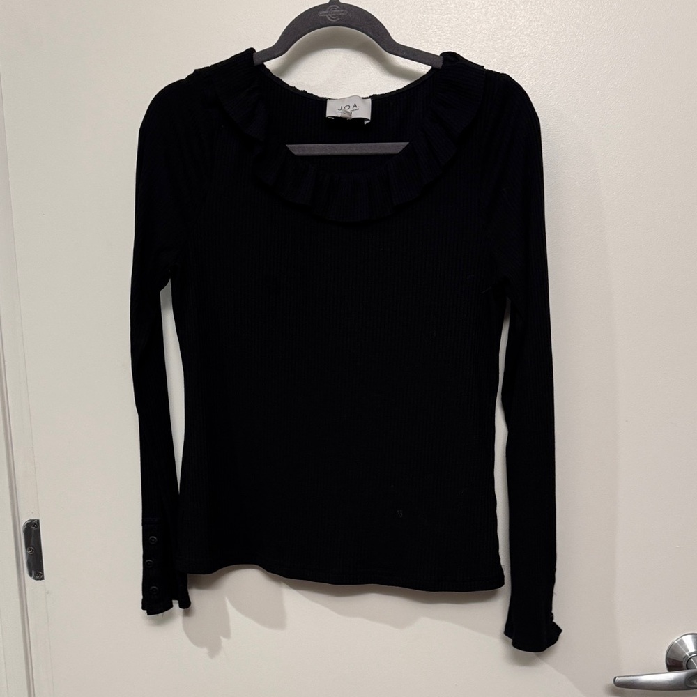 Anthropologie Black Ruffled Long Sleeve Top